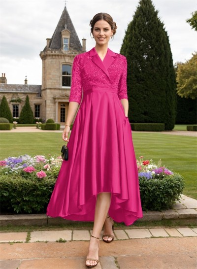 A-Line V-Neck 3/4 Sleeves Asymmetrical Satin Mother Of The Bride Dresses With Sequins