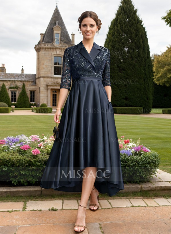 A-Line V-Neck 3/4 Sleeves Asymmetrical Satin Mother Of The Bride Dresses With Sequins