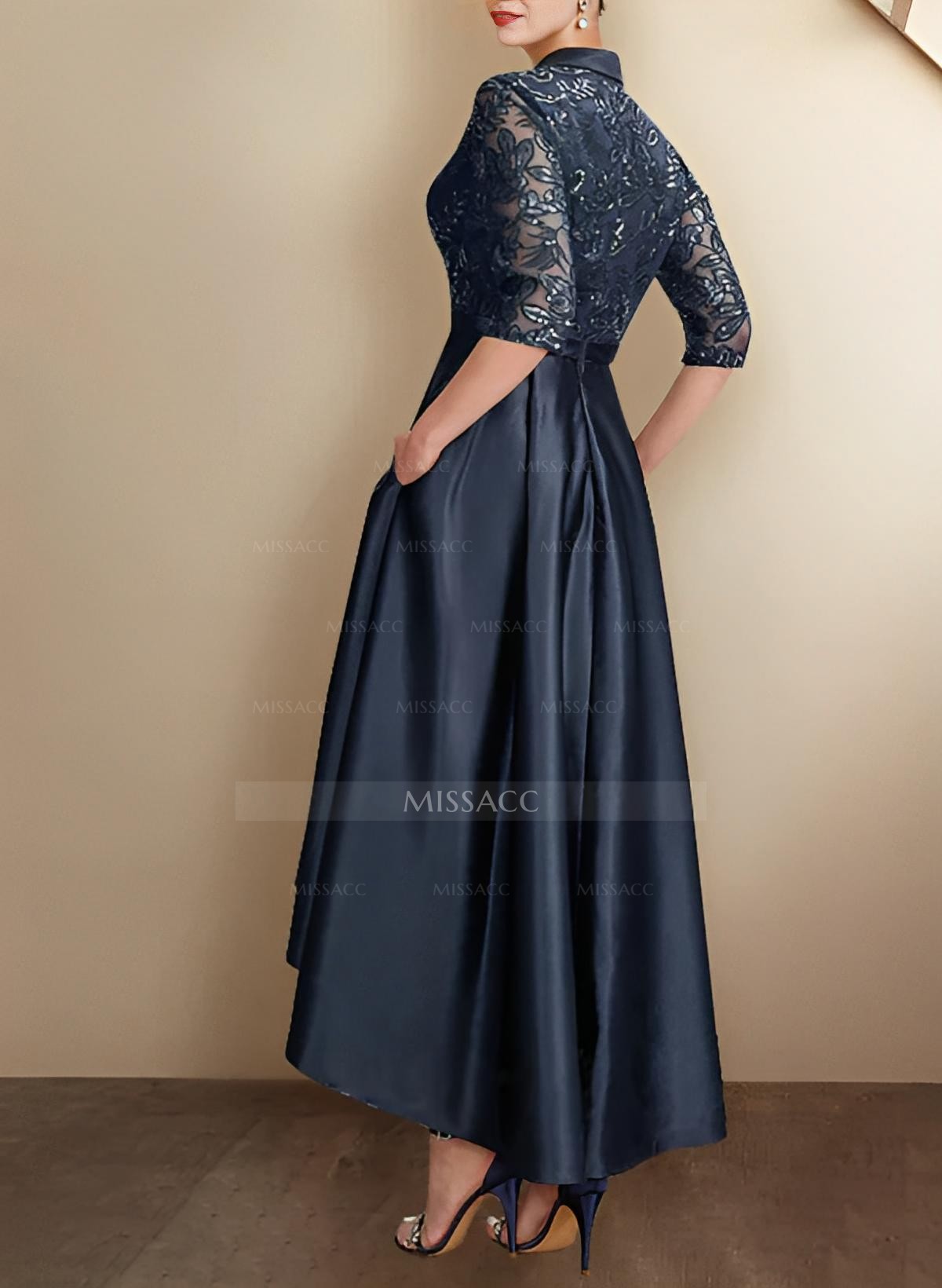 A-Line V-Neck 3/4 Sleeves Asymmetrical Satin Mother Of The Bride Dresses With Sequins