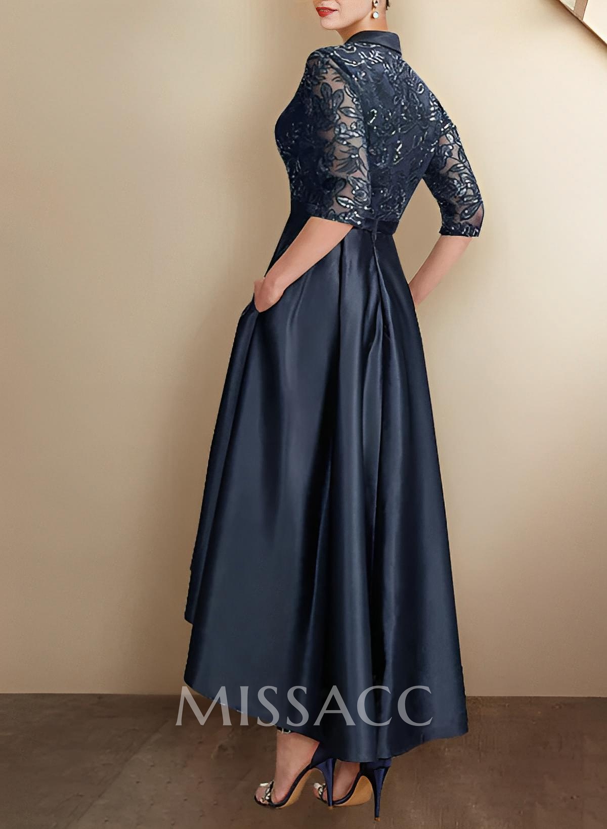 A-Line V-Neck 3/4 Sleeves Asymmetrical Satin Mother Of The Bride Dresses With Sequins