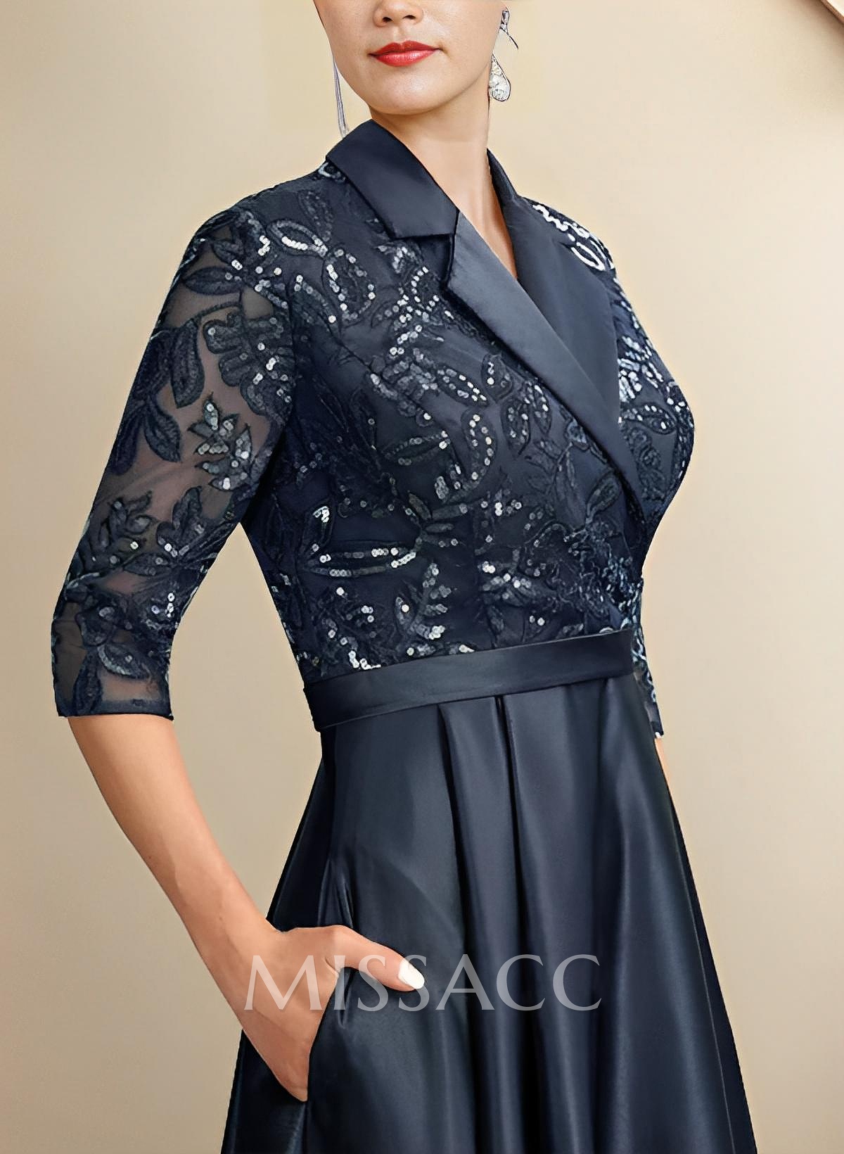 A-Line V-Neck 3/4 Sleeves Asymmetrical Satin Mother Of The Bride Dresses With Sequins