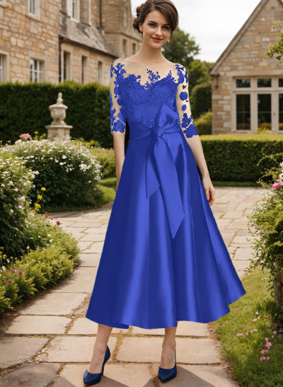 Elegant Tea-Length Lace/Satin Mother Of The Bride Dresses