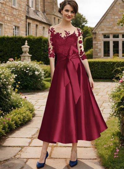 A-Line Illusion Neck 3/4 Sleeves Tea-Length Lace/Satin Mother Of The Bride Dresses