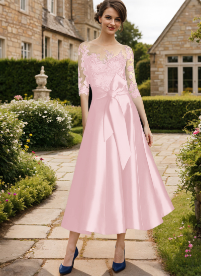 Elegant Tea-Length Lace/Satin Mother Of The Bride Dresses