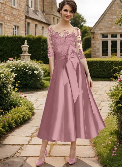 Elegant Tea-Length Lace/Satin Mother Of The Bride Dresses