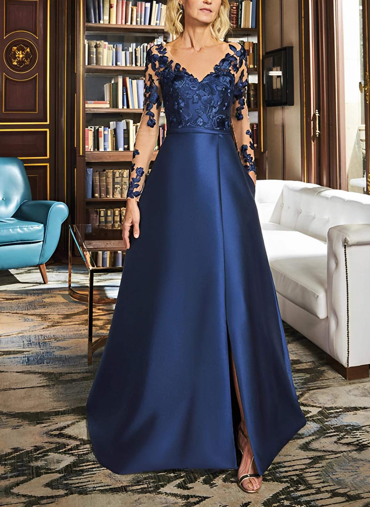 Elegant V-Neck Long Sleeves Floor-Length Lace Mother Of The Bride Dresses With Split Front