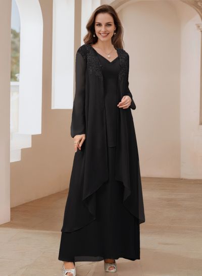 Elegant V-Neck Long Sleeves Floor-Length Mother Of The Bride Dresses WithWrap