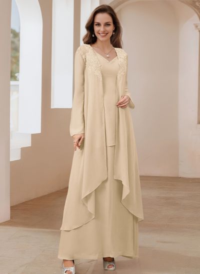 Elegant V-Neck Long Sleeves Floor-Length Mother Of The Bride Dresses WithWrap