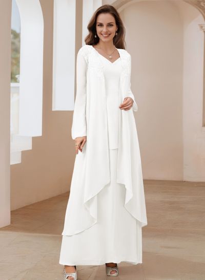 Elegant V-Neck Long Sleeves Floor-Length Mother Of The Bride Dresses WithWrap