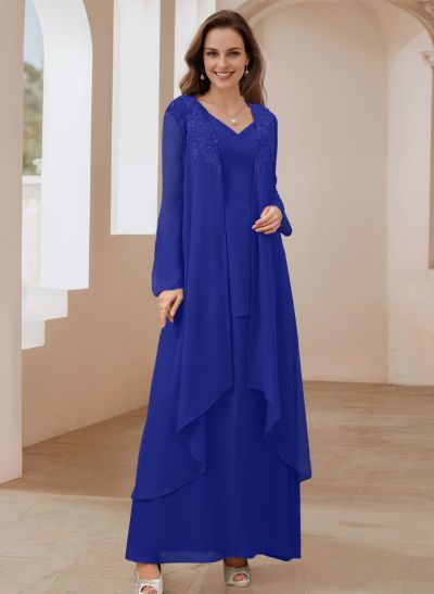 Elegant V-Neck Long Sleeves Floor-Length Mother Of The Bride Dresses WithWrap