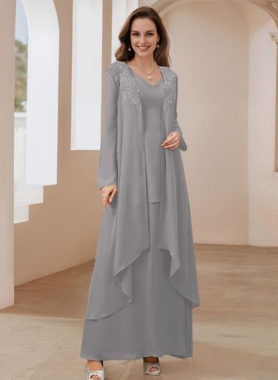 Elegant V-Neck Long Sleeves Floor-Length Mother Of The Bride Dresses WithWrap