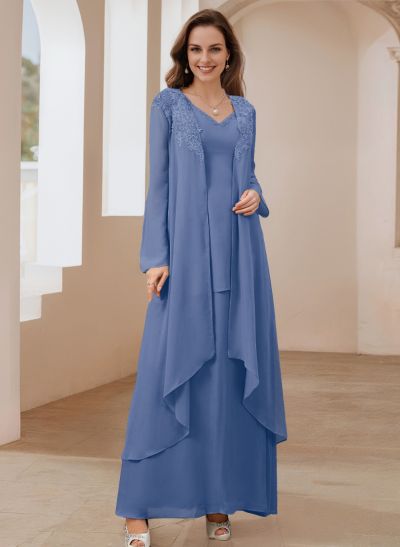 Elegant V-Neck Long Sleeves Floor-Length Mother Of The Bride Dresses WithWrap