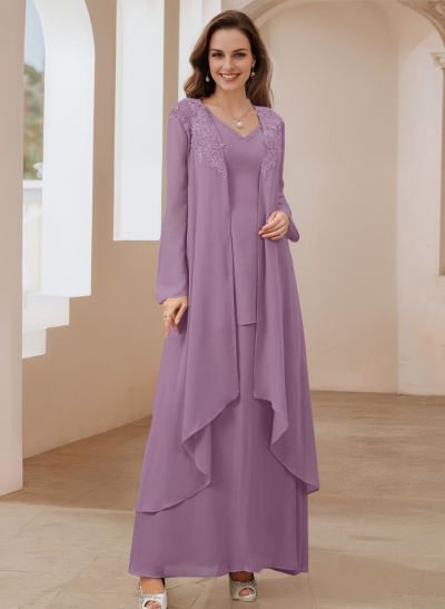 Elegant V-Neck Long Sleeves Floor-Length Mother Of The Bride Dresses WithWrap