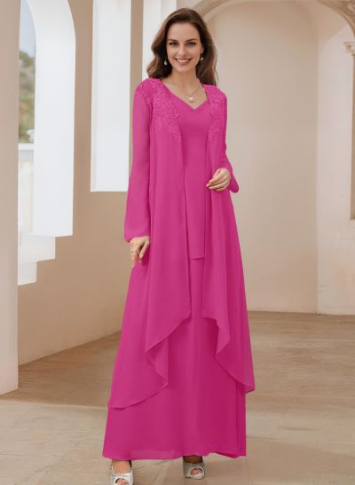 Elegant V-Neck Long Sleeves Floor-Length Mother Of The Bride Dresses WithWrap