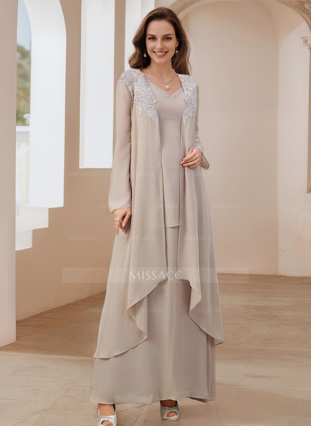 Elegant V-Neck Long Sleeves Floor-Length Mother Of The Bride Dresses WithWrap