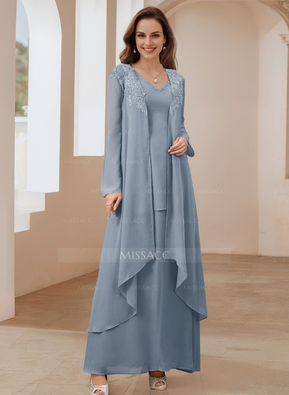 Elegant V-Neck Long Sleeves Floor-Length Mother Of The Bride