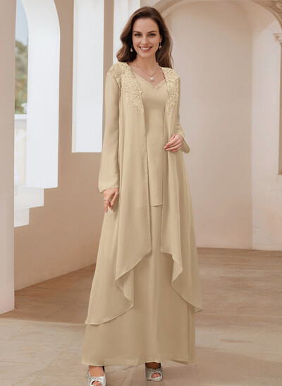 Elegant V-Neck Long Sleeves Floor-Length Mother Of The Bride Dresses With Optional Wrap