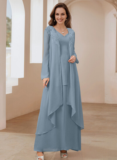 Elegant V-Neck Long Sleeves Floor-Length Mother Of The Bride Dresses With Optional Wrap