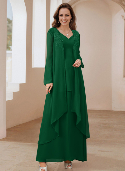 Elegant V-Neck Long Sleeves Floor-Length Mother Of The Bride Dresses With Optional Wrap