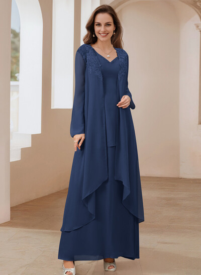 Elegant V-Neck Long Sleeves Floor-Length Mother Of The Bride Dresses With Optional Wrap