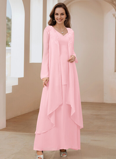 Elegant V-Neck Long Sleeves Floor-Length Mother Of The Bride Dresses With Optional Wrap