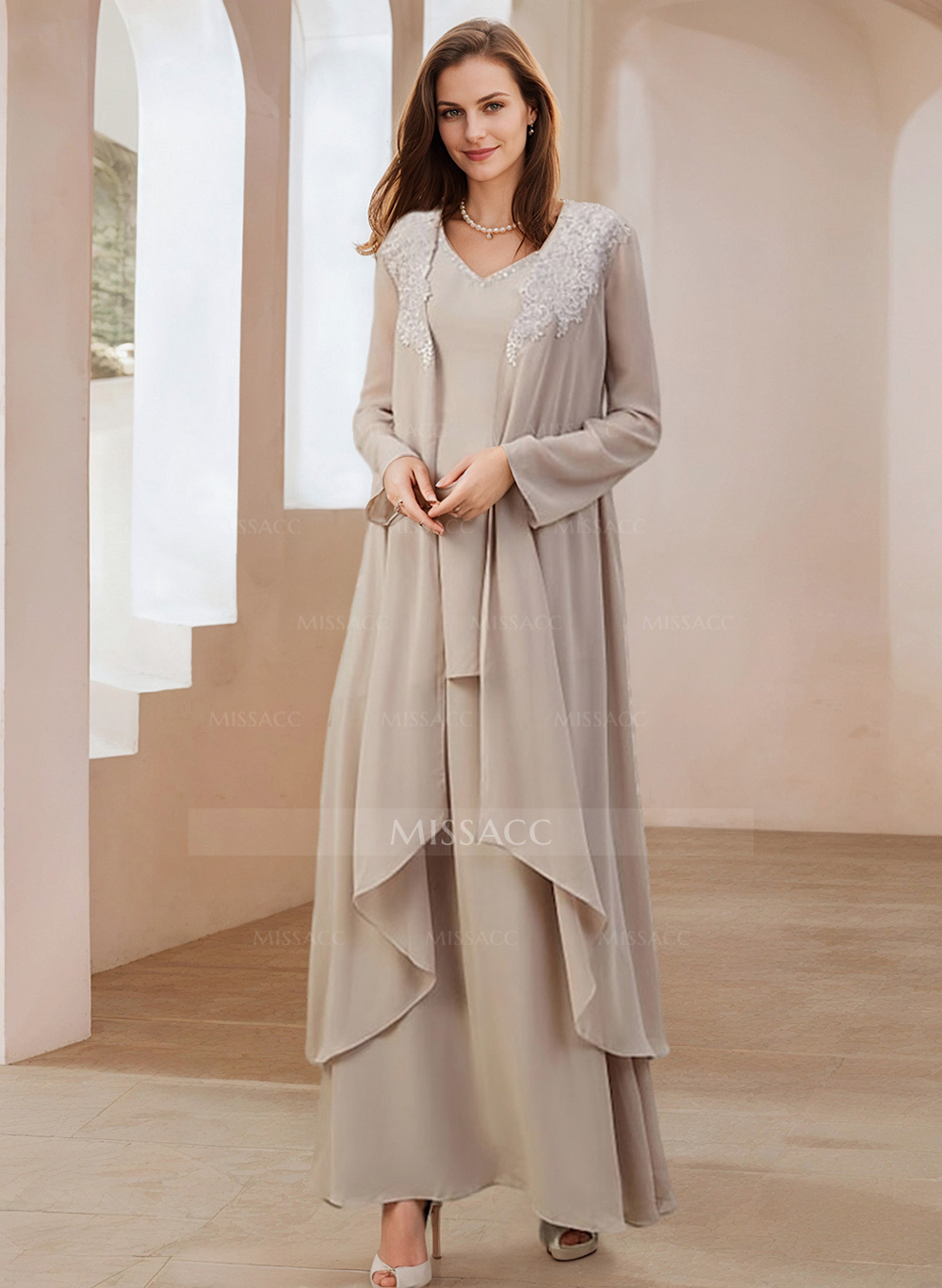 Elegant V-Neck Long Sleeves Floor-Length Mother Of The Bride Dresses With Optional Wrap