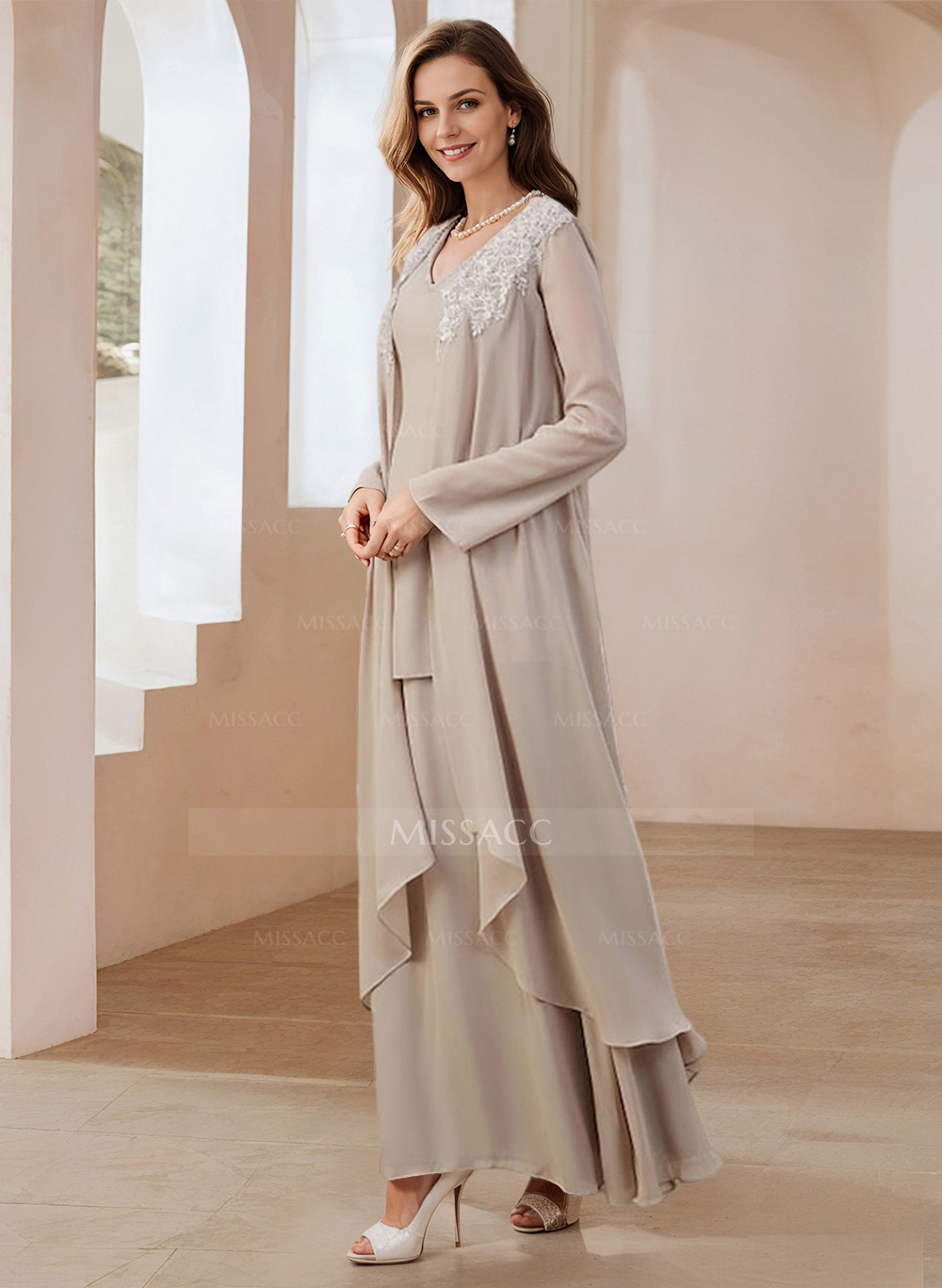 Elegant V-Neck Long Sleeves Floor-Length Mother Of The Bride Dresses With Optional Wrap