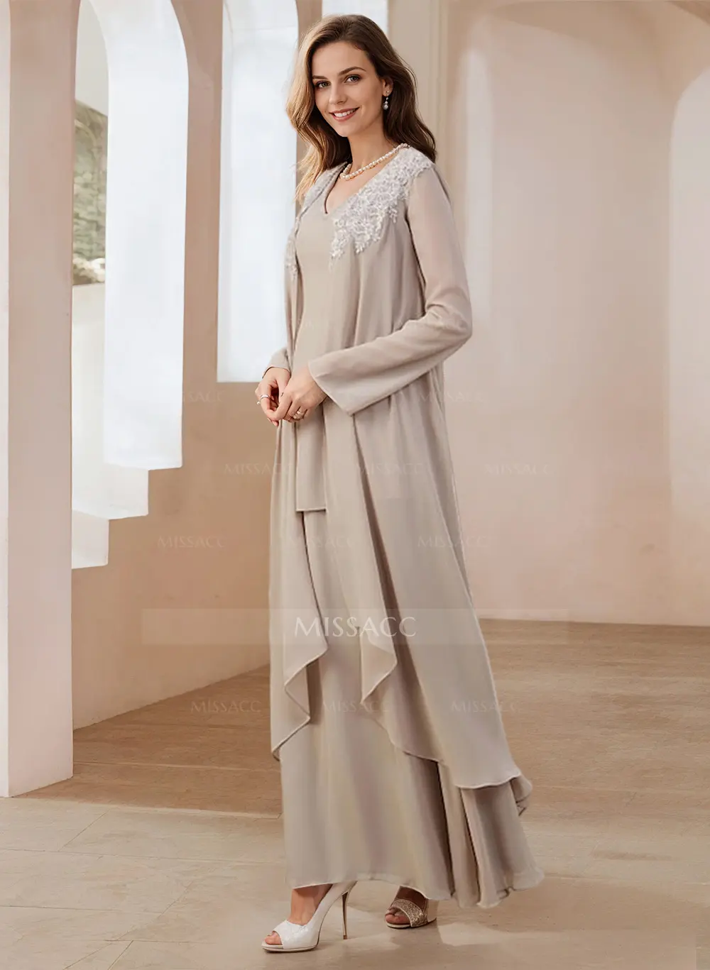 Elegant V-Neck Long Sleeves Floor-Length Mother Of The Bride Dresses With  Optional Wrap - Missacc