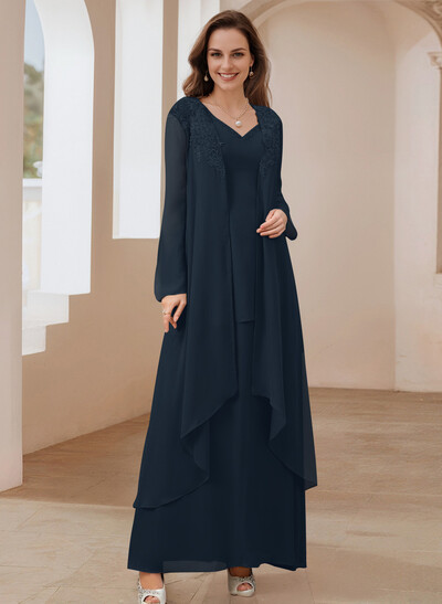 Elegant V-Neck Long Sleeves Floor-Length Mother Of The Bride Dresses With Optional Wrap