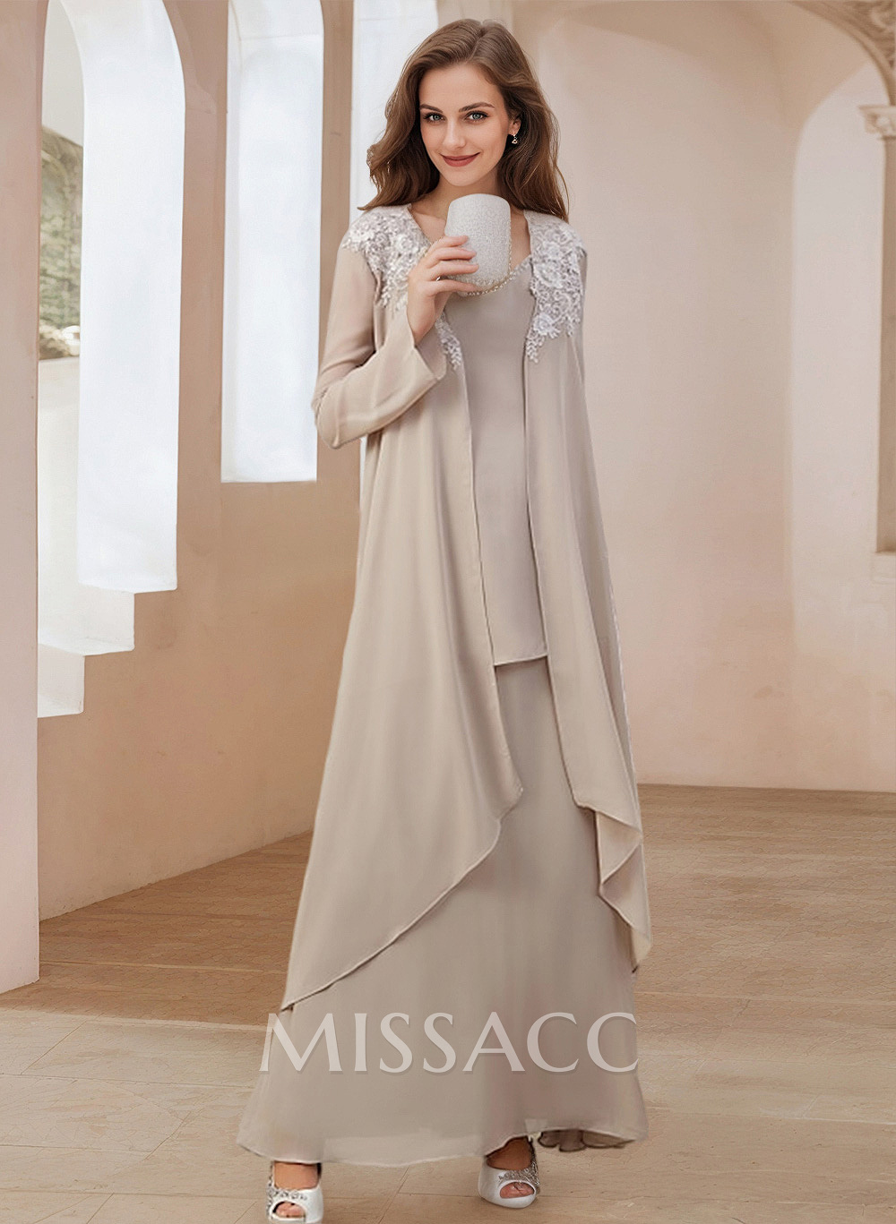 Elegant V-Neck Long Sleeves Floor-Length Mother Of The Bride Dresses With Optional Wrap Elegant V-Neck Long Sleeves Floor-Length Mother Of The Bride Dresses With Optional Wrap