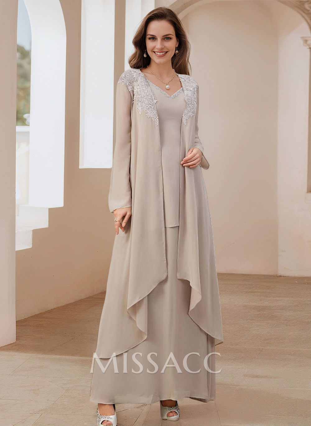 Elegant V-Neck Long Sleeves Floor-Length Mother Of The Bride Dresses With Optional Wrap Elegant V-Neck Long Sleeves Floor-Length Mother Of The Bride Dresses With Optional Wrap