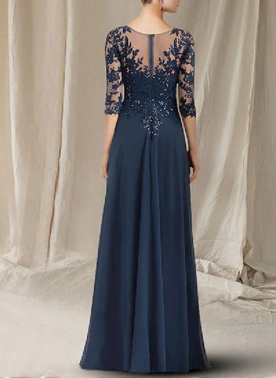 Elegant V-Neck 3/4 Sleeves Floor-Length Chiffon Mother Of The Bride Dresses With Appliques Lace