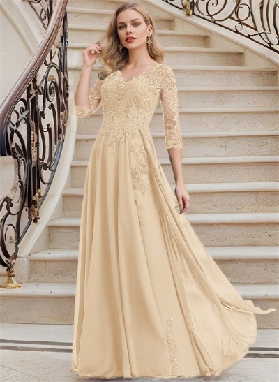 Elegant V-Neck 3/4 Sleeves Floor-Length Chiffon Mother Of The Bride Dresses With Appliques Lace