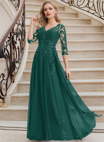 Elegant V-Neck 3/4 Sleeves Floor-Length Chiffon Mother Of The Bride Dresses With Appliques Lace