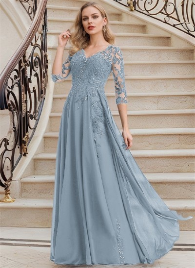 Elegant V-Neck 3/4 Sleeves Floor-Length Chiffon Mother Of The Bride Dresses With Appliques Lace