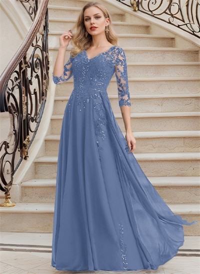 Elegant V-Neck 3/4 Sleeves Floor-Length Chiffon Mother Of The Bride Dresses With Appliques Lace