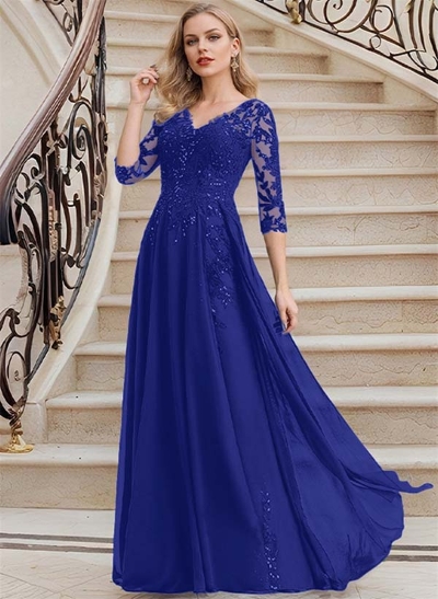 Elegant V-Neck 3/4 Sleeves Floor-Length Chiffon Mother Of The Bride Dresses With Appliques Lace