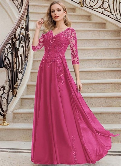 Elegant V-Neck 3/4 Sleeves Floor-Length Chiffon Mother Of The Bride Dresses With Appliques Lace