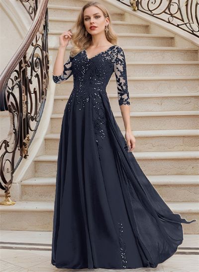 Elegant V-Neck 3/4 Sleeves Floor-Length Chiffon Mother Of The Bride Dresses With Appliques Lace