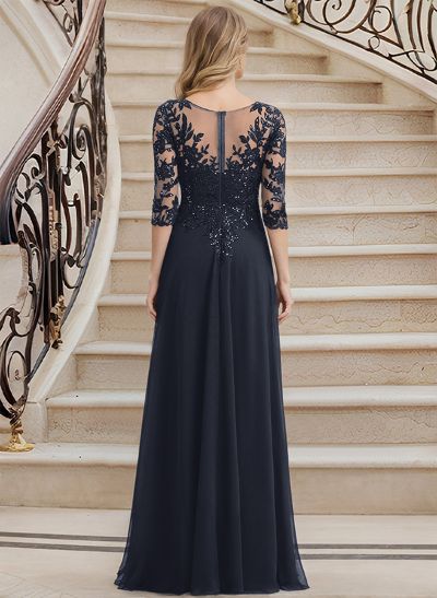 Elegant V-Neck 3/4 Sleeves Floor-Length Chiffon Mother Of The Bride Dresses With Appliques Lace