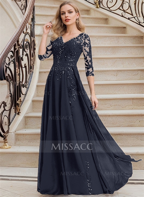 Elegant V-Neck 3/4 Sleeves Floor-Length Chiffon Mother Of The Bride Dresses With Appliques Lace