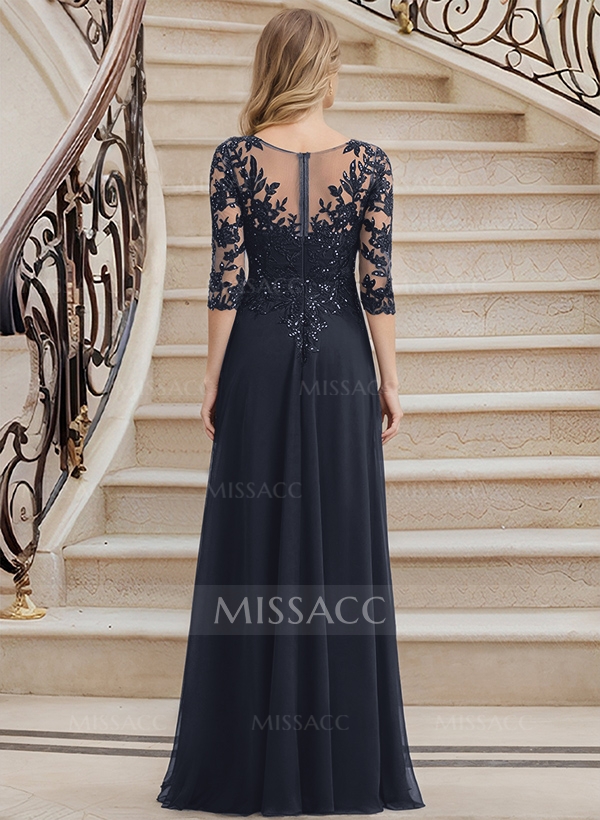 Elegant V-Neck 3/4 Sleeves Floor-Length Chiffon Mother Of The Bride Dresses With Appliques Lace