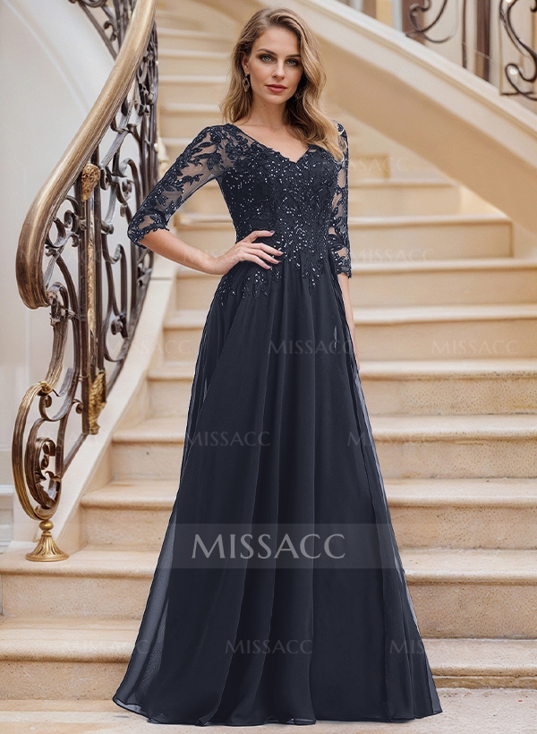 Elegant V-Neck 3/4 Sleeves Floor-Length Chiffon Mother Of The Bride Dresses With Appliques Lace