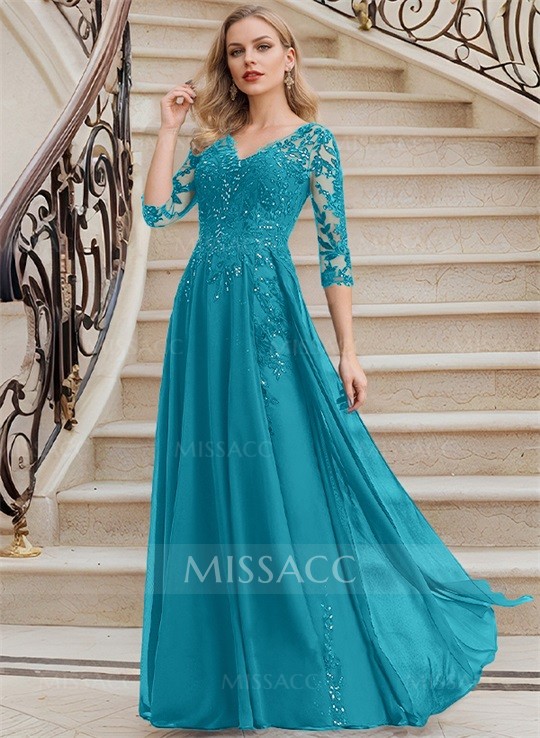Elegant V-Neck 3/4 Sleeves Floor-Length Chiffon Mother Of