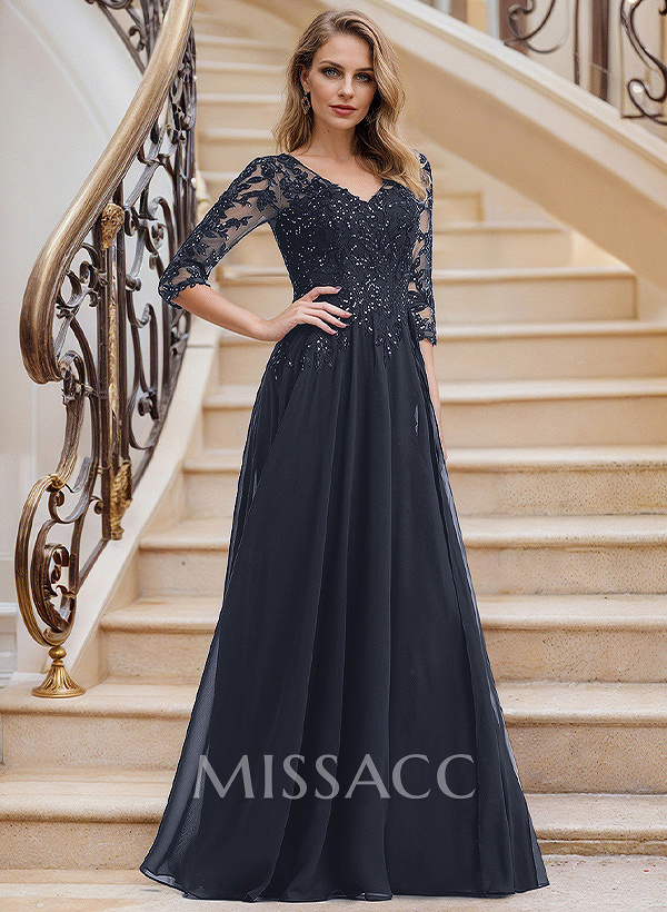 Elegant V-Neck 3/4 Sleeves Floor-Length Chiffon Mother Of The Bride Dresses With Appliques Lace
