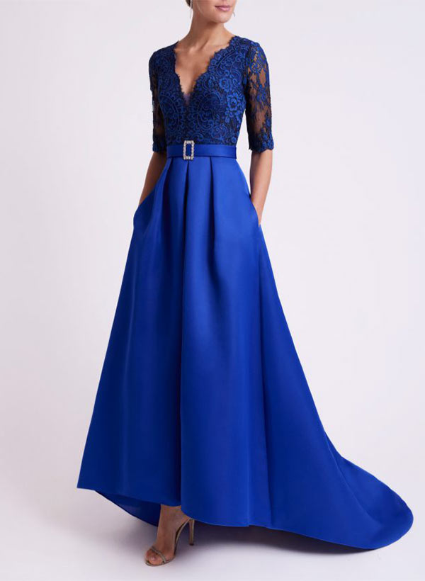 A-Line V-Neck 1/2 Sleeves Asymmetrical Lace/Satin Evening Dresses