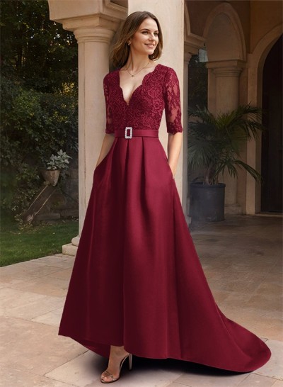 A-Line V-Neck 1/2 Sleeves Asymmetrical Lace/Satin Mother Of The Bride Dresses