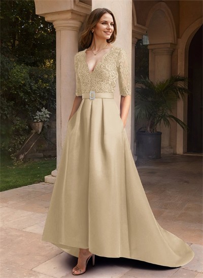 A-Line V-Neck 1/2 Sleeves Asymmetrical Lace/Satin Mother Of The Bride Dresses