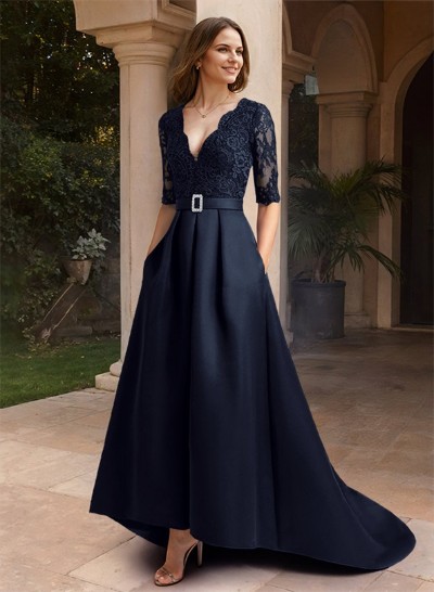 A-Line V-Neck 1/2 Sleeves Asymmetrical Lace/Satin Mother Of The Bride Dresses