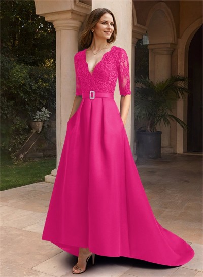 A-Line V-Neck 1/2 Sleeves Asymmetrical Lace/Satin Mother Of The Bride Dresses